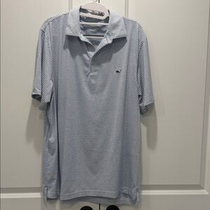 Vineyard Vines Men’s Performance Polo, White & Heathered Blue Striped, Large